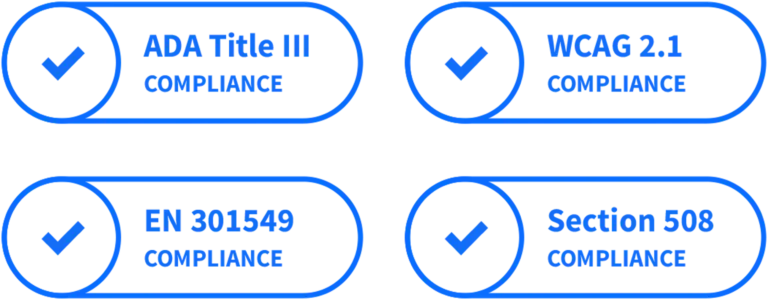 Badges for the main website accessibility guidelines you will be compliant with. ADA, WCAG 2.1, Section 508 and more.