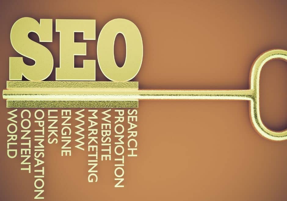 Image of key with words that form part of the simplest SEO strategies to grow website traffic
