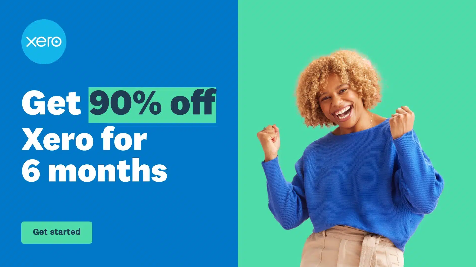 a woman with curly hair and a blue sweater enjoying 90% off Xero for 6 months